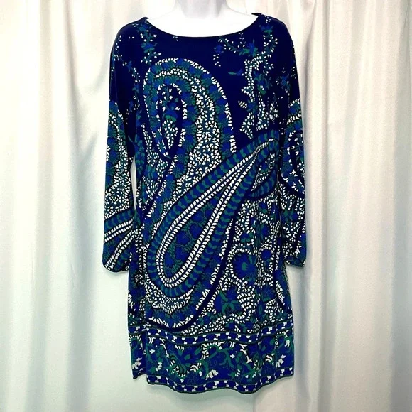 Old Navy Long Sleeved Shift Dress With Keyhole Back in Blue Paisley - size Small - Picture 1 of 9